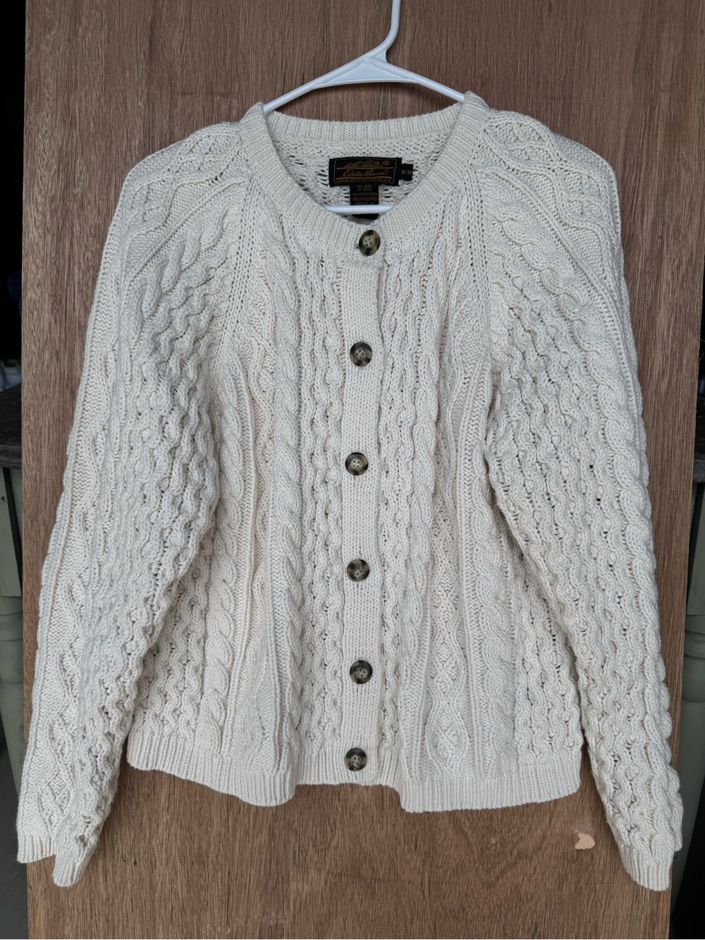 VTG Eddie Bauer Cream Fisherman Cable Knit 100% Cotton Sweater Cardigan